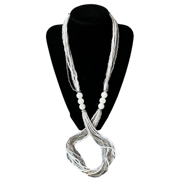 VINTAGE Flapper long Glass beaded necklace or choker White glass silver Glamour - Picture 1 of 11